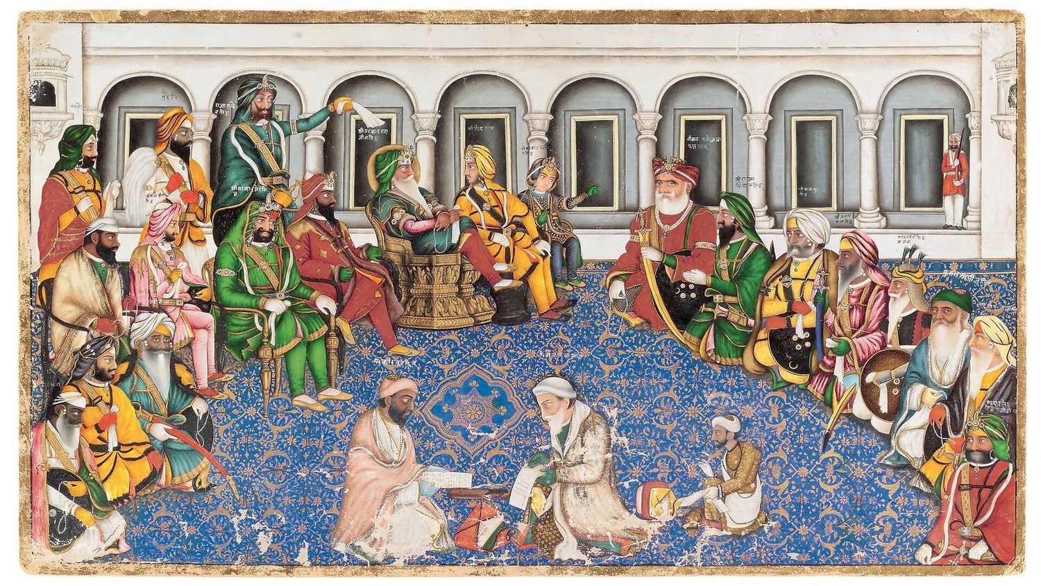 Punjabi miniature of the royal court of Maharaja Ranjit Singh — the Maharaja enthroned among courtiers seated around a deep-blue patterned carpet