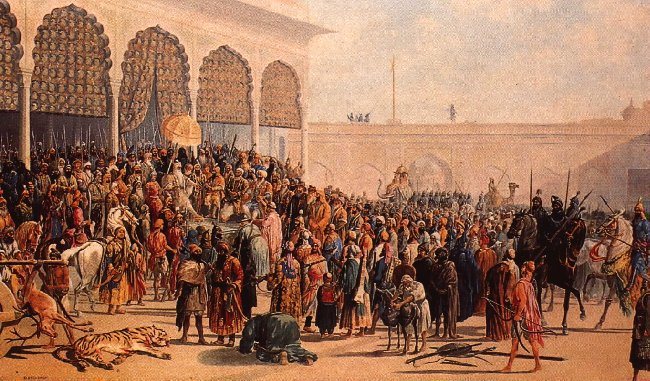 The Lahore Durbar of Maharaja Ranjit Singh — court gathering beneath arched pavilions