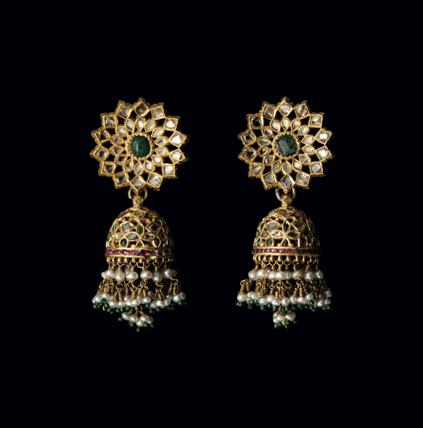 Pair of gold jhumka earrings with floral tops, hung with pearls