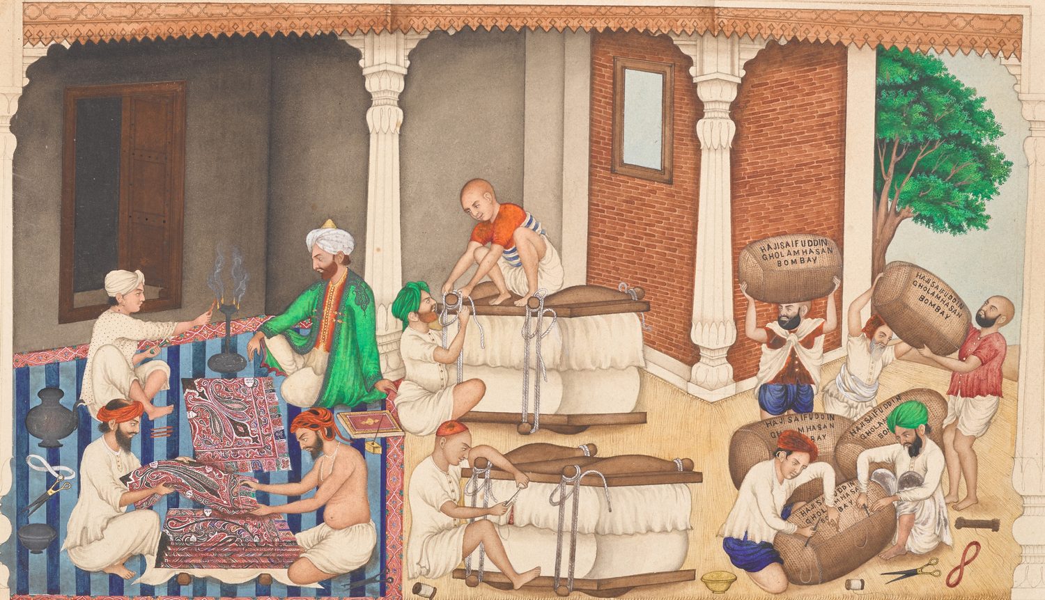 A Punjabi bazaar scene — merchants weighing and baling goods while a draper displays cloth to a customer seated on a carpet